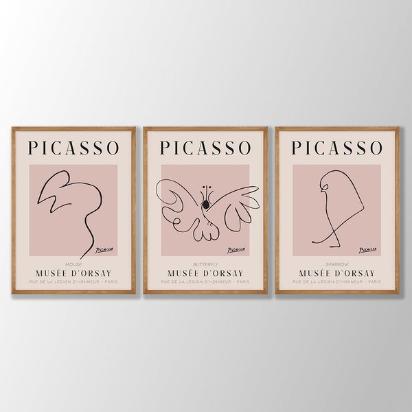 Lot de 3 tirages d'art au trait Picasso n° 2 - Poster papillon, moineau, souris, dessin au trait animal, exposition Pablo Picasso, croquis au trait Picasso