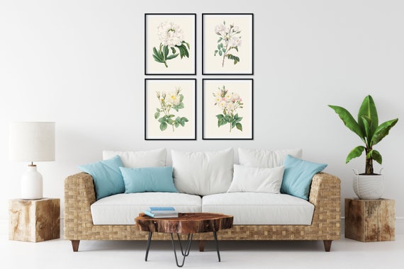 Redoute White Flower Prints Set: Vintage Botanical Art