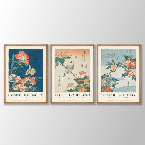 Lot de 3 estampes d'oiseaux japonais - affiche vintage d'oiseaux botaniques, gravure sur bois, art mural japonais, art mural de galerie, estampes Hokusai, oeuvre d'art de musée