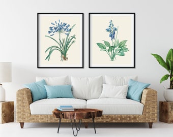 Blue Flower Botanical Art Prints Set of 2 - Kitchen Wall Decor