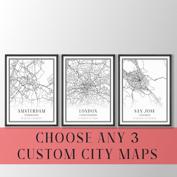 Personalized City Map Print Set of 3 - Custom Location Wall Art