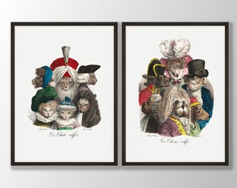 Vintage Cat and Dog Prints Set: Restored Animal Wall Art