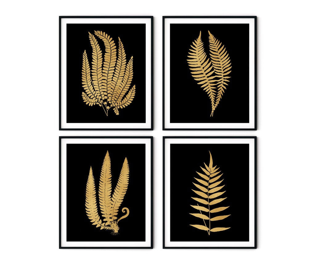 Gold Fern Print Set of 4 Fern Wall Art, Gold Botanical Wall Art