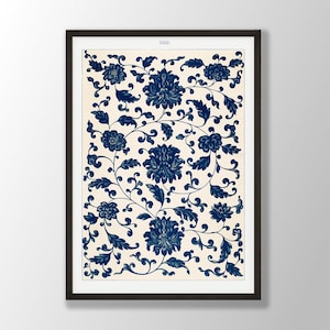 Blue Floral Pattern Print - Blue Wall Art, Blue Flower Wall Art, Floral Wall Art, Floral Ornament Wall Art, Kitchen Wall Art, Kitchen Decor