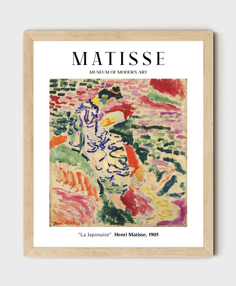 May include: A framed print of a painting by Henri Matisse titled "La Japonaise". The painting features a woman in a colorful dress against a background of abstract shapes and colors.