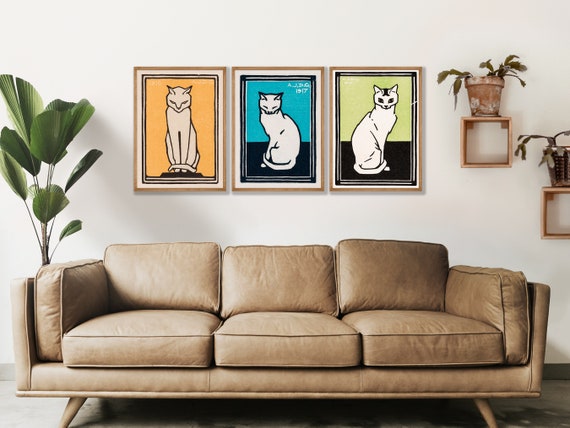 Vintage Cat Art Prints Set of 3 - Animal Wall Decor