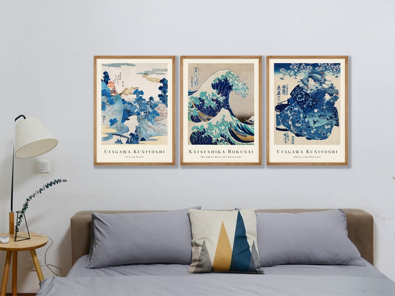 Japanese Prints Set of 3 Woodblock Art, Japanese Wall Art, Gallery Wall Art, Kanagawa Print, Great Wave Print, Hokusai Prints, Ukiyo-e image 6