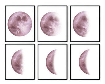 Pink Moon Phase Prints Set of 6 - Moon Wall Art, Moon Prints Set, Lunar Phases Art, La Luna Print, Bedroom Decor, Girl Nursery Wall Art