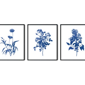 Indigo Blue Watercolor Flower Print Set of 3 - Flower Wall Art, Botanical Wall Art, Coastal Art, Botanical Print,Farmhouse Decor,Kitchen Art