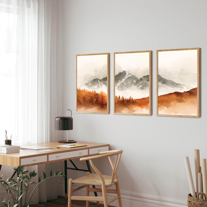 Autumn Mountain Wall Art Set of 3 - Watercolor Landscape Print, Rust ...