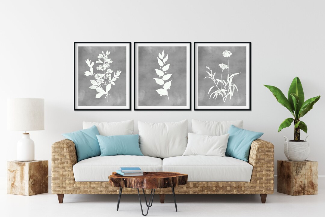 Gray Watercolor Flower Print Set: Botanical Farmhouse Wall Art - Etsy