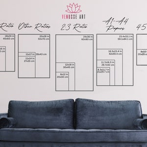 May include: A white wall with a diagram showing different print sizes and ratios for artwork. The diagram includes measurements in inches and centimeters. The text "VENUSSE ART" is at the top of the diagram. The diagram is on a white wall behind a blue sofa.