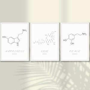 Molecule Prints Set of 3 - Science Poster Set, Happiness Poster, Love Molecule Poster, Peace Poster, Dopamine, Serotonin Poster,Oxytocin