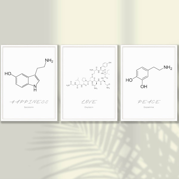 Molecule Prints Set of 3 - Science Poster Set, Happiness Poster, Love Molecule Poster, Peace Poster, Dopamine, Serotonin Poster,Oxytocin