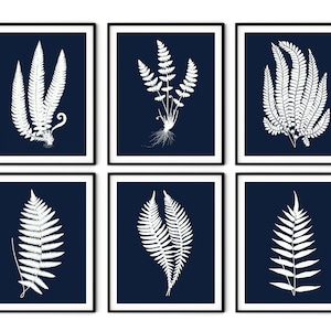 Navy Blue Fern Prints Set of 6 - Watercolor Fern Prints, Botanical Art, Kitchen Wall Decor, Blue Fern Art, Leaf Prints, Botanical Prints