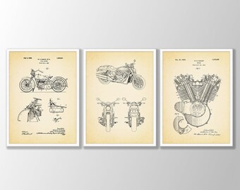 Harley Davidson Motorcycle Patent Art Prints - Set of 3