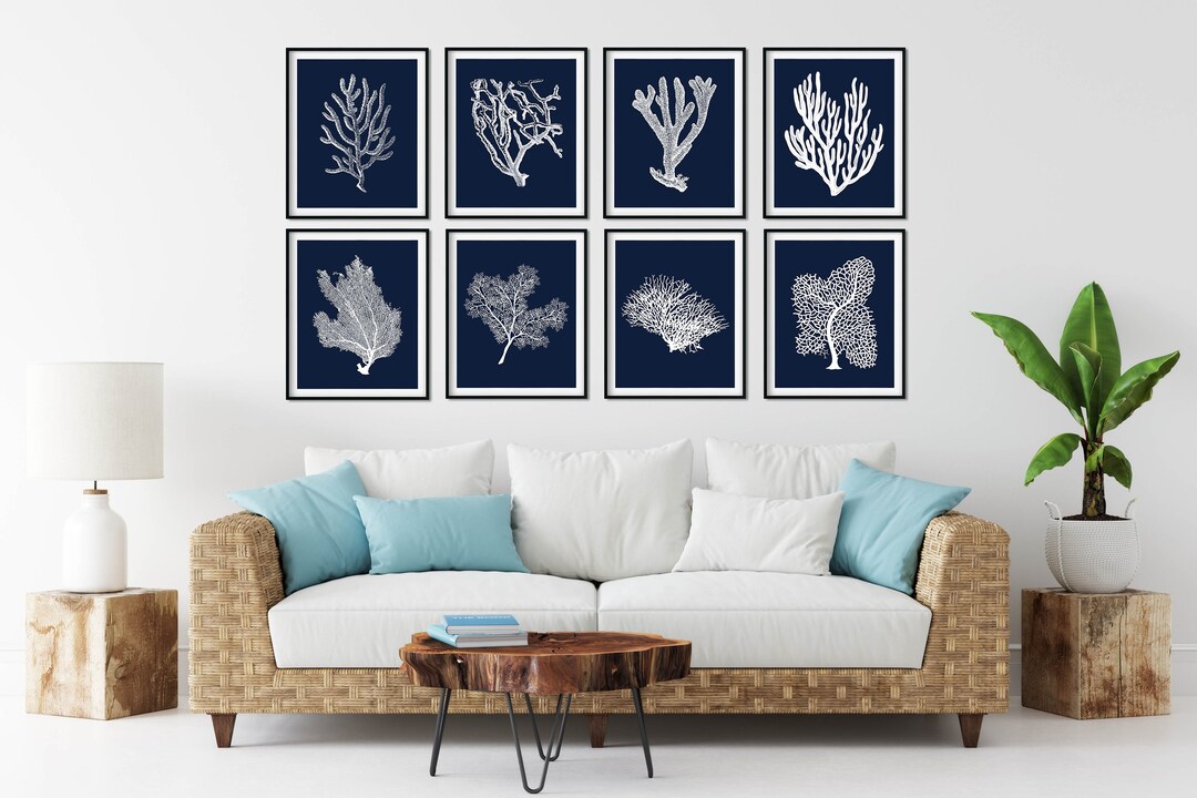 Navy Blue Coral Prints: Coastal Nautical Art Set of 8 - Etsy