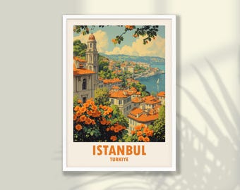 May include: Framed art print featuring a scenic view of Istanbul, Turkey. The image showcases buildings with orange rooftops, a tall white tower, and vibrant orange flowers. The text "ISTANBUL TURKIYE" is displayed at the bottom.