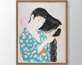 髪を結ぶ女　額縁入り　絵画　by M.Onishi 橋口五洋作の日本の版画 - 髪を梳かす女性 - Etsy 日本