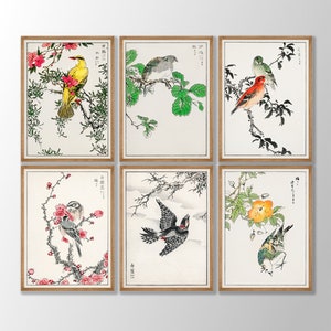 Japanischer Vogeldruck 6er-Set - Vintage-Vogelkunst, japanische Blumen-Botanik-Kunst, Galerie-Wandkunst, naturhistorische Kunst, asiatische Wandkunst