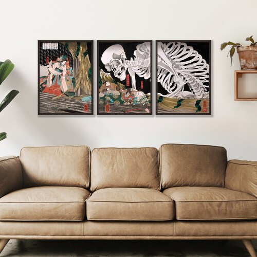 Japanese Skeleton Woodblock Print Set of 3: Utagawa Kuniyoshi Art