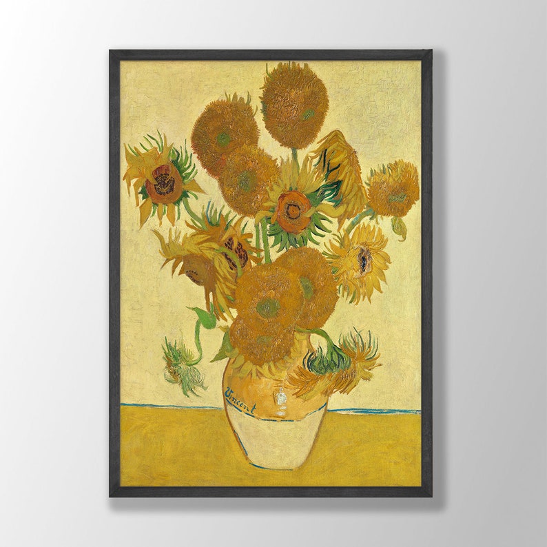 May include: A painting of a vase filled with sunflowers. The sunflowers are yellow and brown with green stems and leaves. The vase is white with a brown rim and the word "Vincent" written on it. The background is a light yellow.