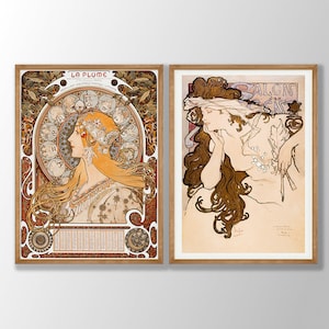Alphonse Maria Mucha Prints Set of 2 - Art Nouveau Posters, Gallery Wall Set, Old French Art, Art Nouveau Decor, Victorian Art, Mucha Poster