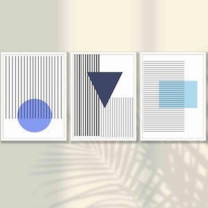 Blue Abstract Geometric Art Prints Set of 3 - Mid Century Modern Art, Abstract Wall Art, Geometric Wall Decor,Living Room Decor,Office Decor