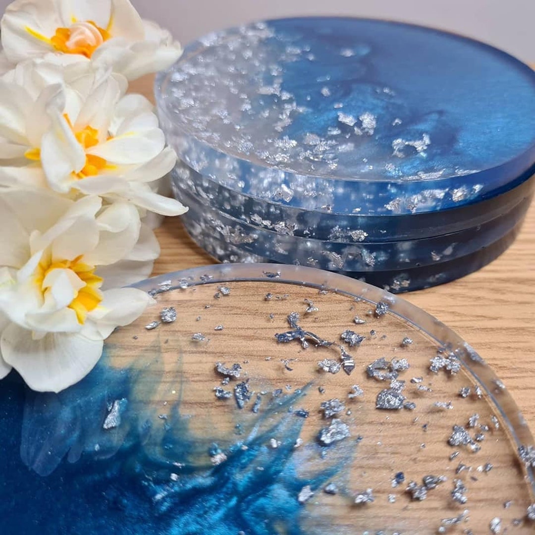 Set of 2 Resin Blue and Silver Leaf Coastersroyal Etsy