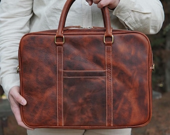 Leather 15.6" Laptop Messenger Bag: Top-Grain Leather Briefcase, Gift for Him