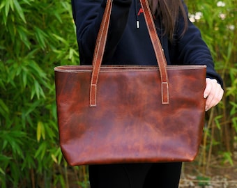 Leather Tote Bag, Shopping Leather Bag, Women Handbag, Cognac Brown Bag, Mother's Day Gift for Her