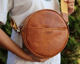 Leather Round Purse,  Brown Leather Bag Women, Small Leather Crossbody Bag, Mother's Day Gift for First Time Moms