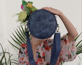 Blue Leather Purse, Round Bag, Birthday Gift for Her