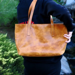 Leather Brown Tote Bag, Vintage Style Leather Bag, Women Handbag, Cognac Brown Bag, Unique Mothers Day Gift Camel