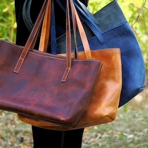 Leather Brown Tote Bag, Vintage Style Leather Bag, Women Handbag, Cognac Brown Bag, Unique Mothers Day Gift image 1