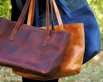 Bolso tote marrón de cuero, bolso de cuero estilo vintage, bolso de mujer, bolso marrón coñac, regalo único del día de las madres