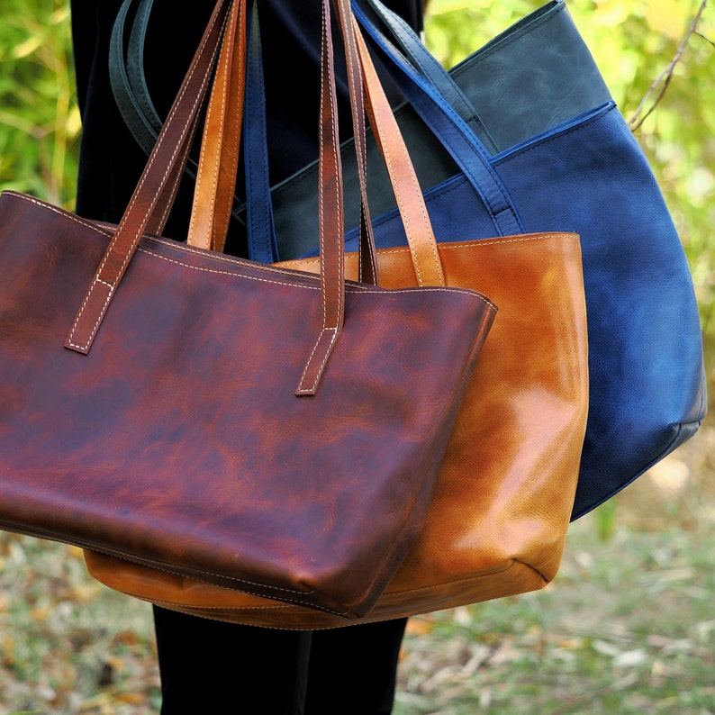 Leather Brown Tote Bag, Vintage Style Leather Bag, Women Handbag, Cognac Brown Bag, Unique Mothers Day Gift image 1