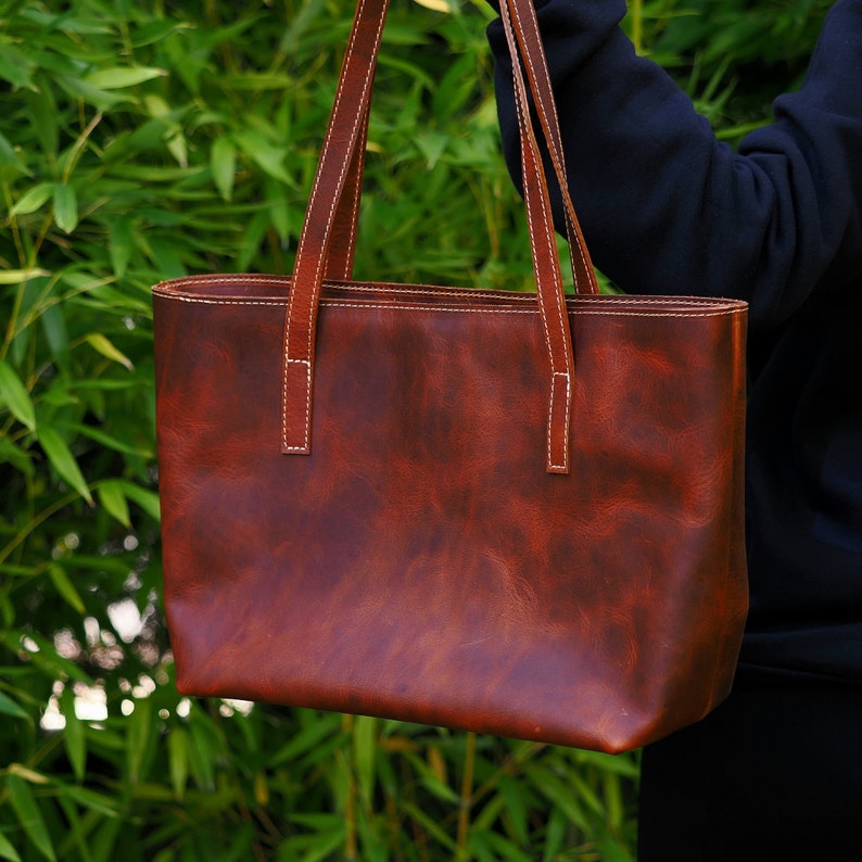 Leather Brown Tote Bag, Vintage Style Leather Bag, Women Handbag, Cognac Brown Bag, Unique Mothers Day Gift image 8