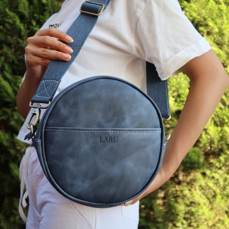 Leather Crossbody Bag, Round Purse, Circle Bag, Round Bag, Leather Small Purse, Gift for Wife, Gift for Sister,Mother's Day Gift Blue