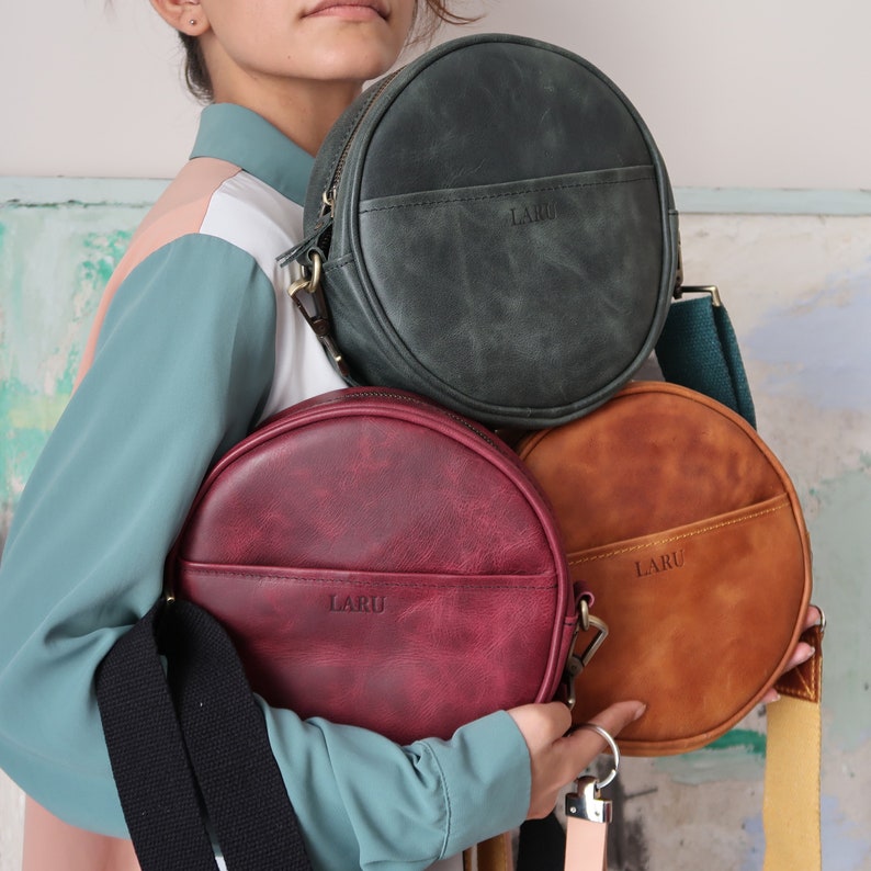 Leather Crossbody Bag, Round Purse, Circle Bag, Round Bag, Leather Small Purse, Gift for Wife, Gift for Sister,Mother's Day Gift image 1