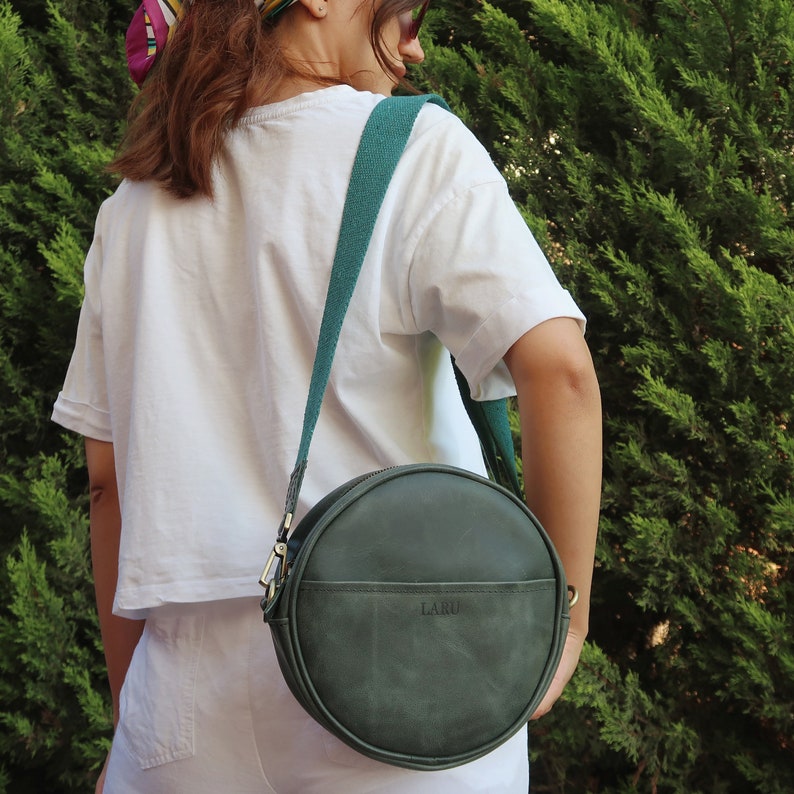 Leather Crossbody Bag, Round Purse, Circle Bag, Round Bag, Leather Small Purse, Gift for Wife, Gift for Sister,Mother's Day Gift Green