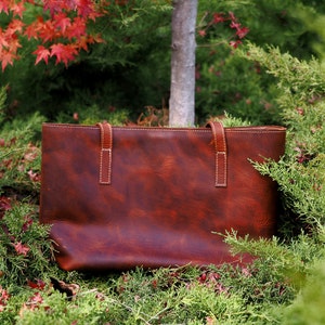 Leather Brown Tote Bag, Vintage Style Leather Bag, Women Handbag, Cognac Brown Bag, Unique Mothers Day Gift image 9