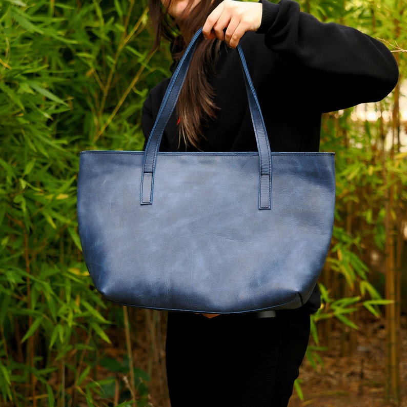 Leather Brown Tote Bag, Vintage Style Leather Bag, Women Handbag, Cognac Brown Bag, Unique Mothers Day Gift Blue