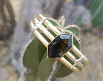 Brass silver SPARK bracelet black hawks eye/ Silver and brass bracelet with stars and hawk's eye