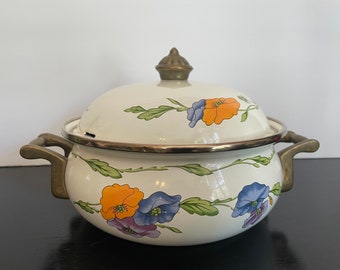 Vintage Lincoware Enamel Poppy Handled Pot with Lid