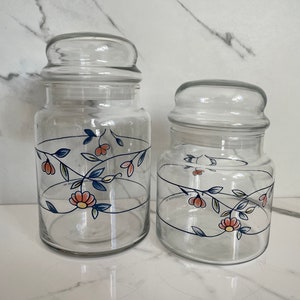 1991 Princess House Glass Jar/Canisters Floral/Flowers Pattern, Set of Two