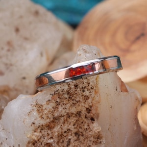 Fire Break Ring.  Stainless Steel Comfort Fit Band, Copper and Red Opal Inlay, 4mm, Made to Order
