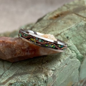 Winter Copper River Ring.  Stainless Steel Comfort Fit Band, Copper, Resin, Green Apple Opal Inlay, 4mm or 8mm, Made to Order