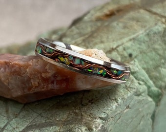 Winter Copper River Ring.  Stainless Steel Comfort Fit Band, Copper, Resin, Green Apple Opal Inlay, 4mm or 8mm, Made to Order