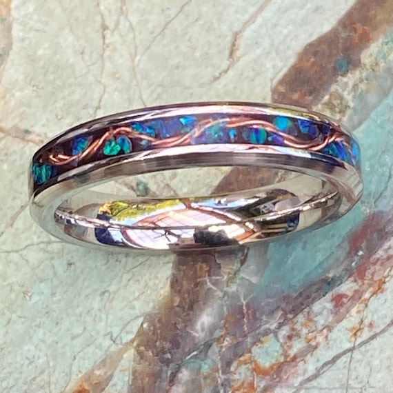 Ocean Blue Opal and Copper Inlay Ring, Stainless Steel Band for Him or Her